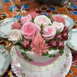 Beautifully decorated cake. Delicious!