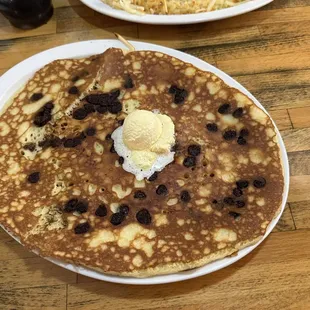One buttermilk pancake with chocolate chips