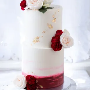 Two tier elegant cake with gold leaf. Wedding Cake. Birthday Cake. Lyndsay&apos;s Cakery in San Diego, Ca