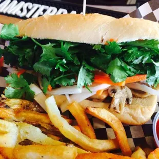 Vegetarian Bahn Mi (Vietnamese Sandwich with sautéed Mushrooms, Pickled Daikon Radish and Carrots &amp; Cilantro on French Roll).