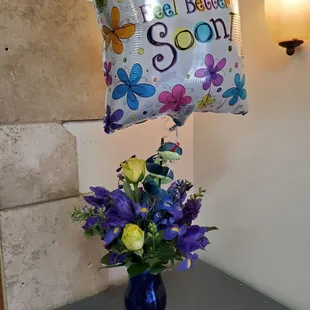 Get well soon! Flowers, balloon &amp; plush combo will make anyone&apos;s day better!