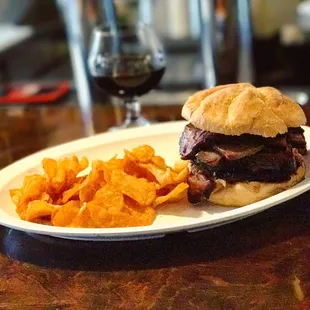 Brisket sandwich w/ side of BBQ chips &amp; 2016 Alewerks Cafe Royale