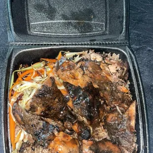 Jerk chicken, rice and peas and cabbage