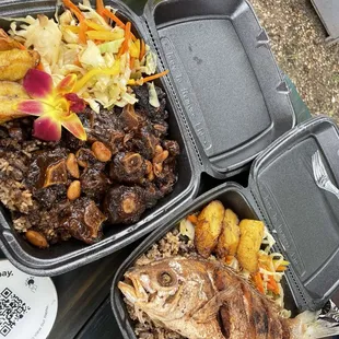 Oxtails, rice and peas, cabbage and plantains.  Fish, rice and peas, cabbage and plantains