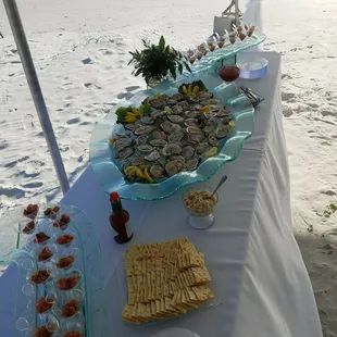 Oyster Station with Ceviche and Ahi Tuna Martinis on the beach, engagement party at private residence