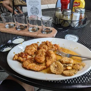 Beer flight, Chicken Tenders with Fried Pickle side