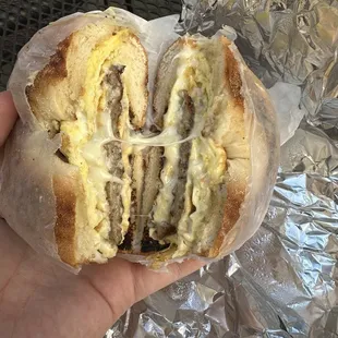 Sausage, egg and cheese on a bagel