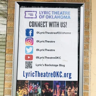 Lyric Theatre of OKC:  Social Media Connections Sign on Outside of Bldg