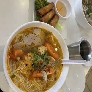 Crab Paste Noodle Soup and Imperial Rolls