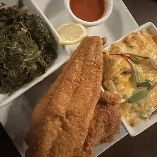 Catfish, Mac and cheese, greens