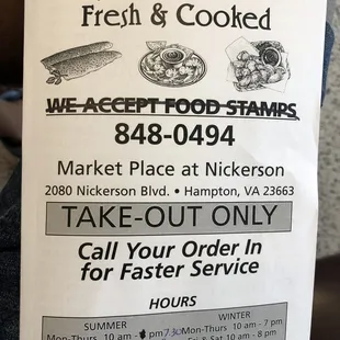 a menu for take out only for faster service hours