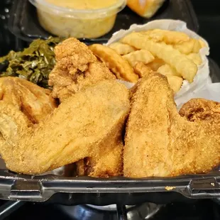 Chicken Wings, Fries, Collards Side of Mac and cornbread