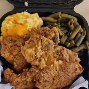 Fried pork chops with green beans &amp; mac and cheese