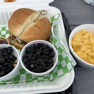 a sandwich, macaroni and cheese, and macaroni and cheese