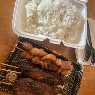 Rice, Chicken Skewers, and Beef Skewers