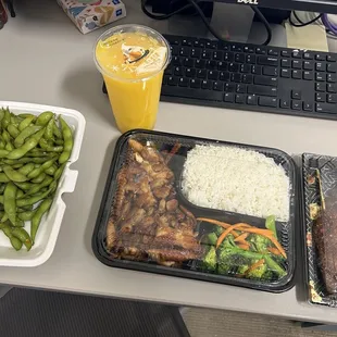 Chicken Teriyaki Hibachi, Edamame, Beef Skewers, Mango Slush