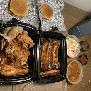 Bone in BBQ Platter coleslaw and baked beans sides with corn bread.