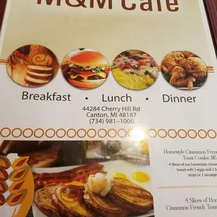 The menu and the M &amp; M Omelette.