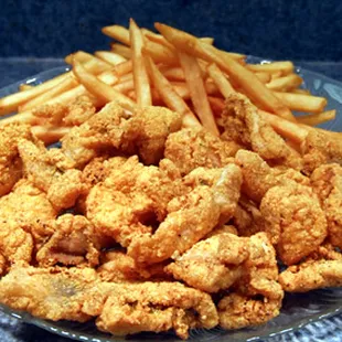 a plate of fried chicken and french fries