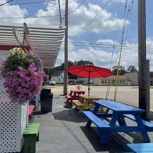 picnic tables and umbrellas