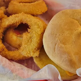 a burger and onion rings