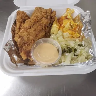 Fish Dinner with 2 sides.