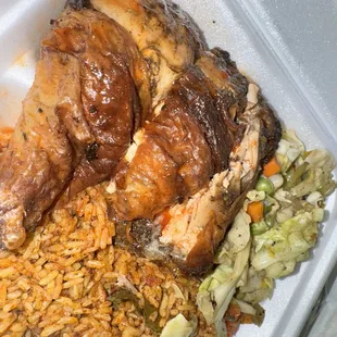 Jerk chicken, Jollaf rice, and cabbage