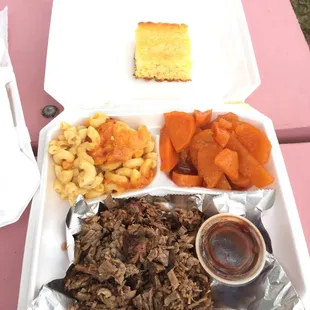 smoked brisket, candied yams and mac and cheese.. and corn bread of course.. at a great price too