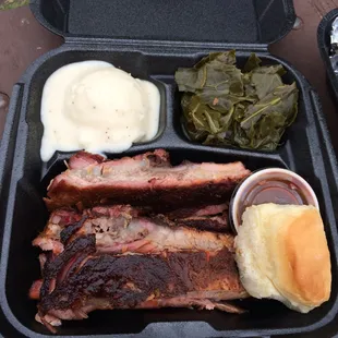 Pork Rib Dinner, mashed potatoes n&apos; gravy, collard greens (like you can&apos;t find anywhere else in town!)