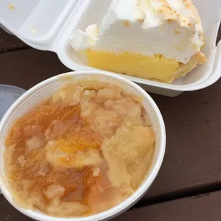 Delicious Peach Cobbler and (the last piece) of Savory Lemon Merengue Pie!! ~M&amp;M Meals for the Soul Food~