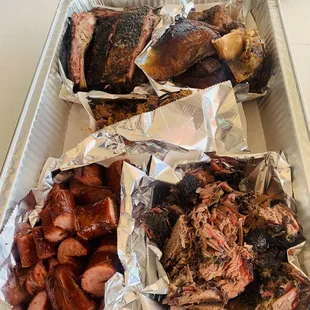 Ribs, smoked sausage, brisket and pulled pork