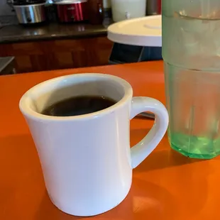 a cup of coffee and a glass of water