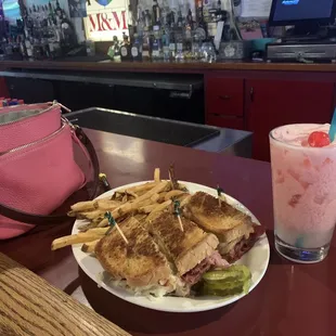 Reuben, house made fries, (skinny strawberry creamsicle!