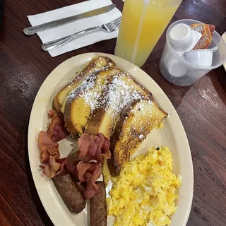 French Toast, 2 Turkey Links, 2 Bacon, and 2 Eggs