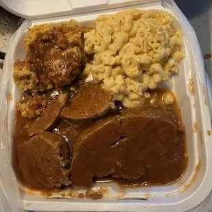 Meatloaf with Mac and cheese with dressing.