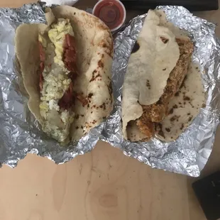 Chorizo and egg. Bacon egg and potato. One hot sauce (?)