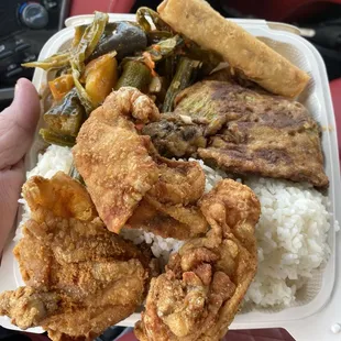 3 Choice Plate and added a Shanghai Lumpia