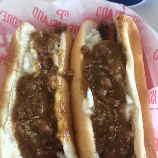 two chili dogs