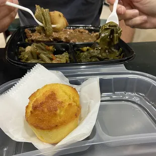 Meatloaf, collards, green beans, honey cornbread.