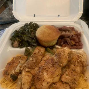 Catfish greens red beans rice