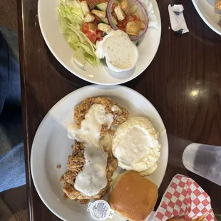 Small chicken fried steak with mashed potatoes and side salad