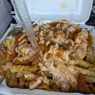 Look at these delicious buffalo fries from M &amp; Y with their special sauce. They are finger licking good.