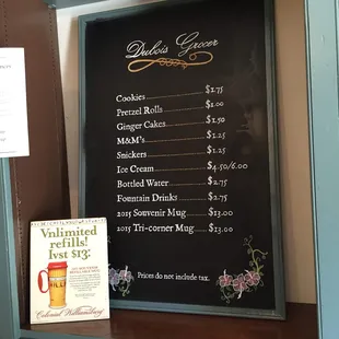 menu and price list