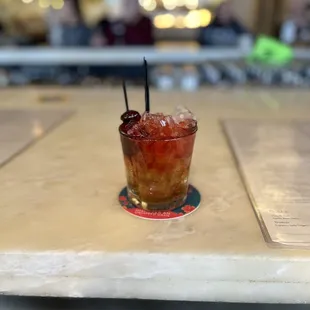 a drink on a table in a restaurant