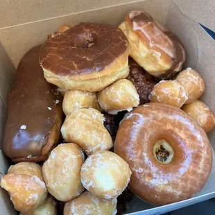 3 apple fritters, 4 donuts, dozen donut holes
