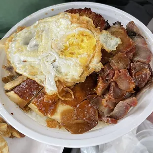 74. 3 Meats on Rice - Roast pork, soy sauce chicken and a fried egg