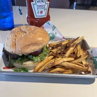 Green chili cheeseburger with real French fries.