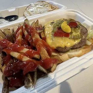 Chile cheeseburger and fries.