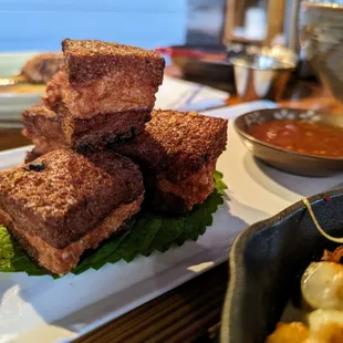 Shrimp Toast. $17. Japanese milk bread, white shrimp, wasabi sweet chili sauce.