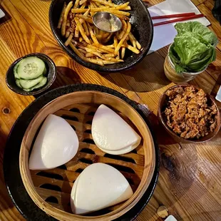 Spicy Pork Buns, Chili crisp garlic fries